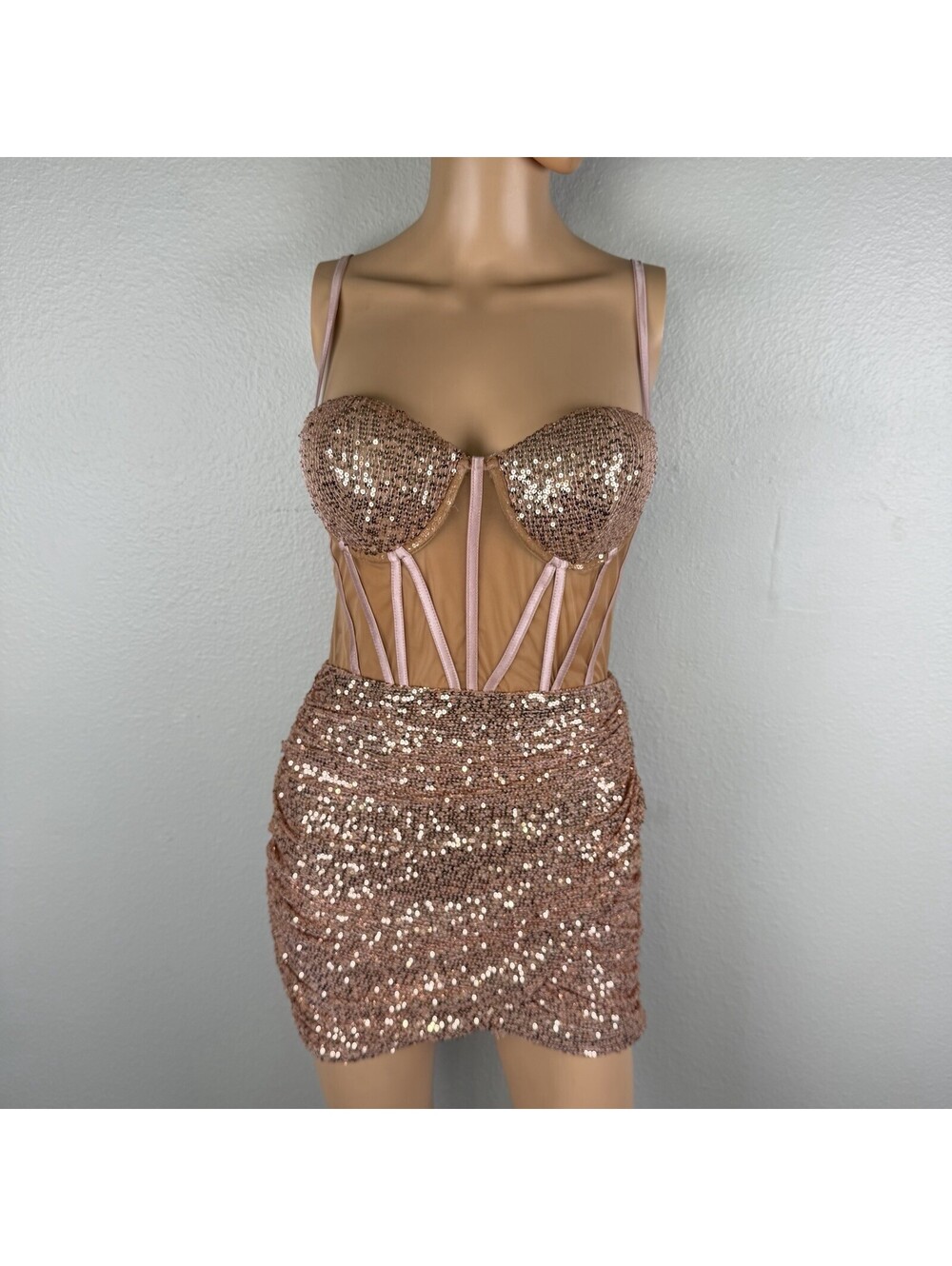 Fashion Nova Sequin Corset Top Mini Skirt Set S Rose Gold Pink Y2K Party Glam